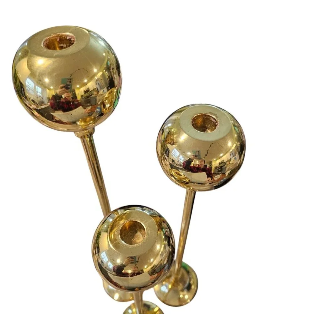Vintage Gold Brass Tall Candle Sticks Set Of 3 Round Tulip Orb 22